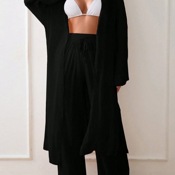 Black Women's Long Sleeve Loose Casual Kimono - Picture 2 of 6